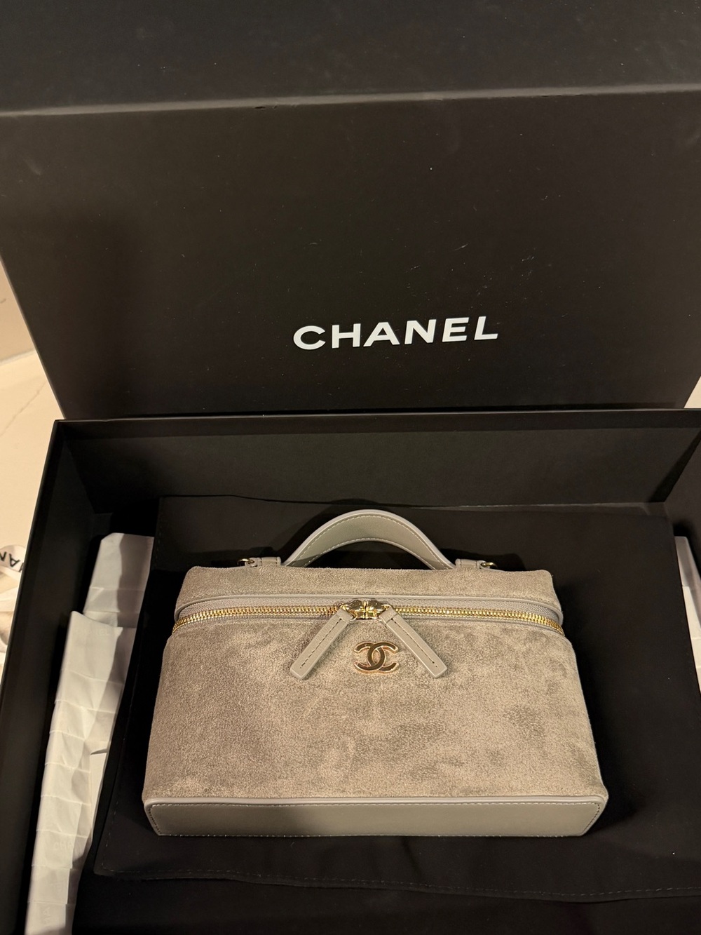 CHANEL Taupe Suede Vanity Case with Gold Hardware